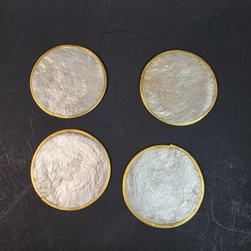 Vintage Capiz Shell Coasters Brass Rim Cork Back Set of 4 Gold Iridescent 3in